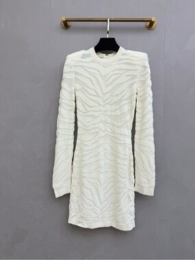 🚩steal Balmain Cream Textured Long-Sleeve Knit Mini Dress
